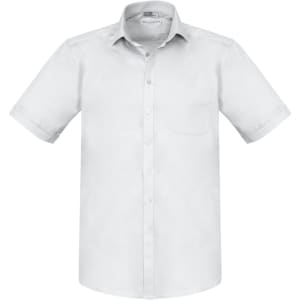 A light grey short sleeve button-up shirt with a single chest pocket and a branded tag.