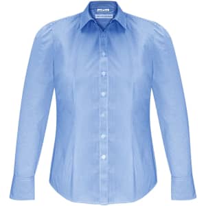 A blue long sleeve button-up shirt with a striped pattern and a collar. The shirt features a logo on the label.