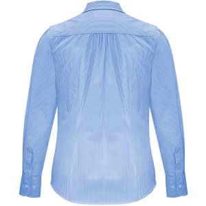 A light blue women's long sleeve button-up shirt featuring a back pleat and cuffs. It has a logo on the shirt.