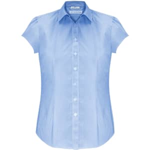 A light blue women's short sleeve button-up shirt with a fitted design and a collar. It features a logo on the label.