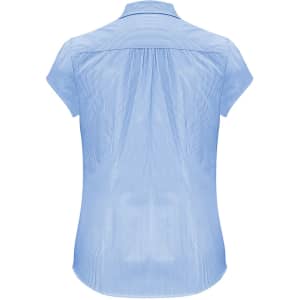 A women's light blue short sleeve button-up shirt with a back pleat and a logo.