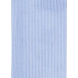 A blue and white striped fabric, featuring vertical lines, suitable for a men's short sleeve button-up shirt.