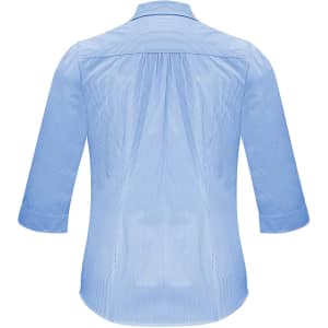 A women's blue 3/4 sleeve button-up shirt featuring a back pleat design and a logo.