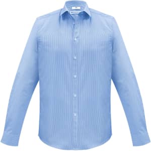 A light blue long-sleeve button-up shirt with a collar and a logo on the label.