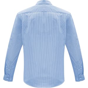 A light blue long sleeve button-up shirt featuring a back yoke and cuffs. Includes a logo.