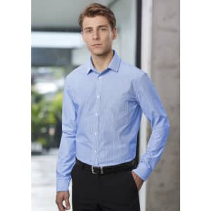 A men's long sleeve button-up shirt in blue and white stripes, featuring a chest pocket and a branded logo.