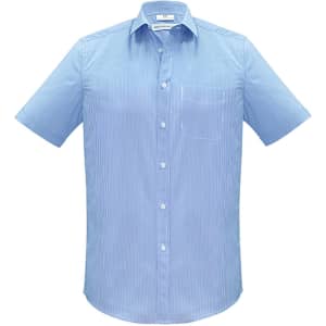 A light blue short sleeve button-up shirt with a single chest pocket and a subtle striped pattern.