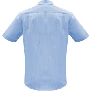 A light blue short sleeve button-up shirt with a tailored fit and a logo on the back.