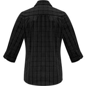 A black and white checkered women's button-up shirt with 3/4 sleeves and a collar, featuring a logo.