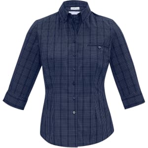 A navy blue women's button-up shirt with 3/4 sleeves and a checkered pattern, featuring a chest pocket.