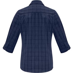 A navy blue women's button-up shirt with 3/4 sleeves and a checked pattern, featuring a logo.