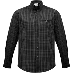 A black and grey plaid long sleeve button-up shirt with a chest pocket and a collar. It features a logo.