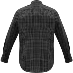 A long sleeve button-up shirt in a black and grey check pattern, featuring a collar and a logo.