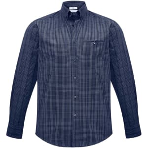 A men's long sleeve button-up shirt featuring a navy and white check pattern, with a chest pocket and a collar.