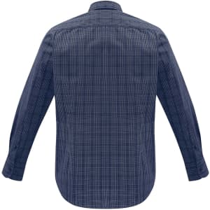 A men's long sleeve shirt featuring a plaid pattern in shades of navy and grey, with a classic button-up design.