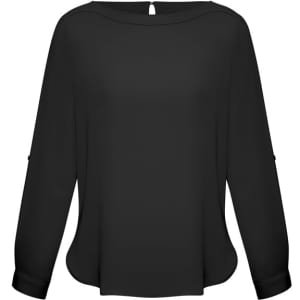 A black women's Madison boatneck top with long sleeves and a subtle curved hem. Features a back keyhole detail.