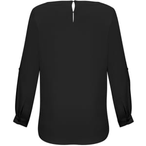 A black women's Madison boatneck top featuring long sleeves and a keyhole back detail. It has a logo on the design.