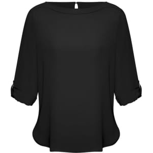 A black women's boatneck top with rolled sleeves and a scooped hem, featuring a back keyhole detail.