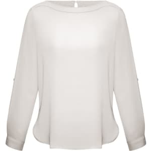 A light cream women's shirt with a boat neckline and long sleeves, featuring button details on the cuffs.