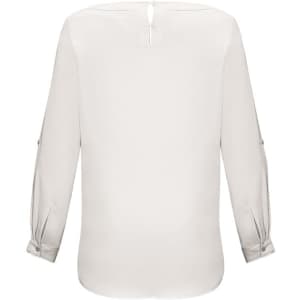 A white women's boatneck top with three-quarter sleeves and button details on the sleeves. It features a back closure and has a logo.
