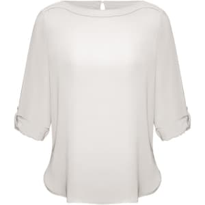 A light grey women's boatneck top with three-quarter sleeves and a subtle back button detail.