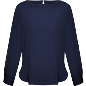 A navy women's boatneck top featuring long sleeves and a relaxed fit, with a small logo at the back.