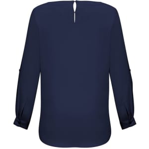 A navy women's boatneck top featuring long sleeves and a keyhole detail at the back, with a logo present.