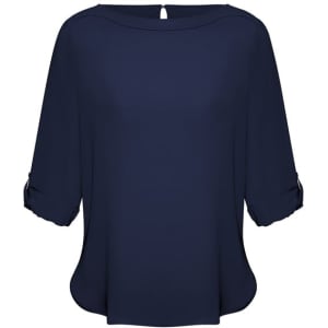 A navy blue women's boatneck top with rolled sleeves and a keyhole back design, featuring a subtle logo.