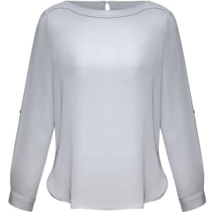 A women's boatneck top in light grey, featuring long sleeves and a slightly curved hem. It has a logo on it.