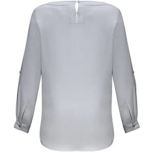 A light grey women's Madison boatneck top with long sleeves and button details at the cuffs. It has a back closure.