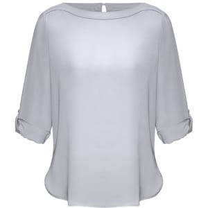 A light grey boatneck top with three-quarter sleeves and roll-up detail. The top has a subtle sheen and a back keyhole closure.