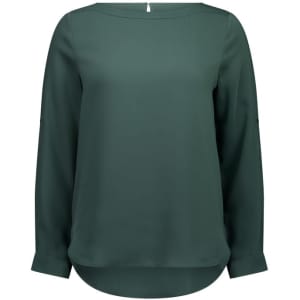 A women's boatneck top in a deep green colour, featuring long sleeves and a curved hemline.