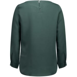 A green women's boatneck top with long sleeves and a back button closure. Features a subtle branding logo.