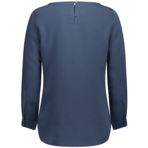 A back view of a women's navy blue boatneck top with long sleeves and a button detail at the neck.