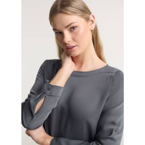 A grey women's Madison boatneck top with long sleeves and button detailing on the cuffs.