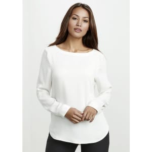 A white women's boatneck top with long sleeves, featuring a smooth fabric and a subtle branded logo.