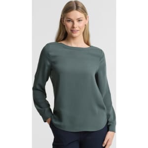 A women's boatneck top in a deep green colour, featuring long sleeves and a smooth finish. It has a branding logo.