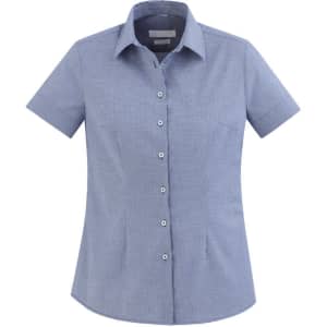 A short-sleeve, button-up shirt in a blue and white check pattern, featuring a collar and a logo.