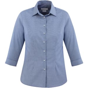 A blue, button-up shirt with 3/4 sleeves and a collar, featuring a subtle pattern and a logo.