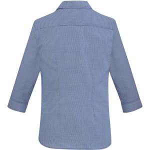 A blue and white checkered women's Jagger 3/4 sleeve button-up shirt with a classic collar and a logo on the back.