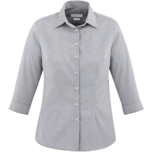 A women's grey button-up shirt with a 3/4 sleeve design, featuring a collar and a front button closure.