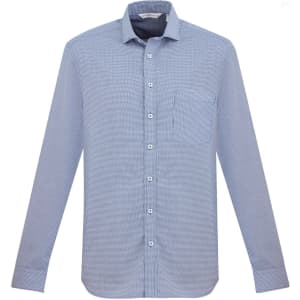 A light blue button-up shirt with a single chest pocket and long sleeves. The shirt features a subtle pattern and has a branding logo.