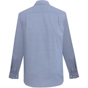 A blue long sleeve button-up shirt with a collar and buttoned cuffs, featuring a subtle pattern.