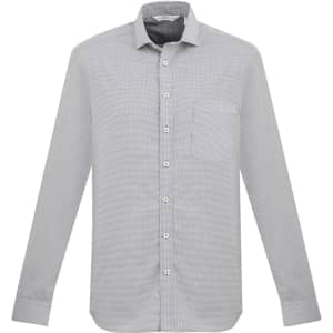 A grey long sleeve button-up shirt with a single chest pocket and a logo.