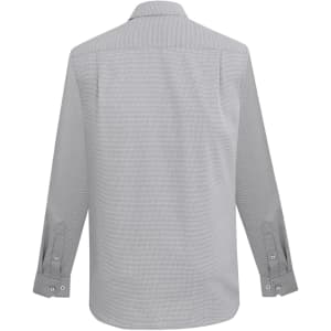 A grey long sleeve button-up shirt with a collar and cuff detailing, featuring a small logo.