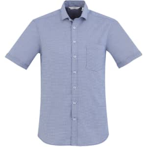 A blue and white check patterned short sleeve button-up shirt with a chest pocket and a logo.
