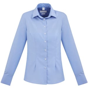A light blue women's button-up shirt with long sleeves and a collar, featuring front buttons.