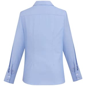 A light blue women's button-up shirt with long sleeves and a fitted style, featuring a back yoke and button details.