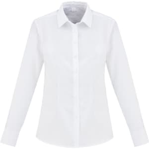 A white women's button-up shirt with long sleeves and a classic collar. It features a branded logo.