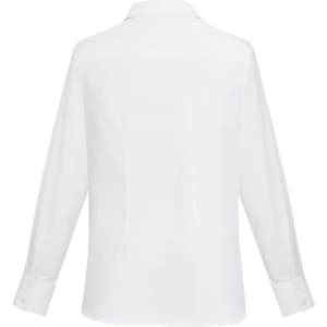 A white women's long sleeve button-up shirt featuring a simple design and a logo on the back.